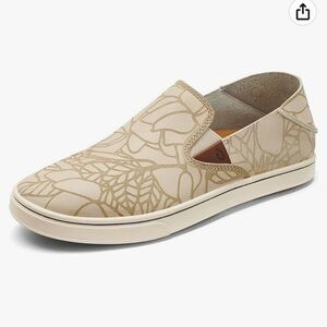 Olukai Leather Slip-On Pehuea Lau Tropical Geometric Leaves Sneakers